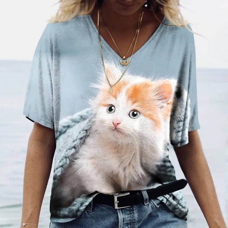 여성용 귀여운 고양이 프린트 티셔츠, 소녀 Y2K 의류, 여름 반팔 티, V넥 캐주얼 휴가 티셔츠, 3D
