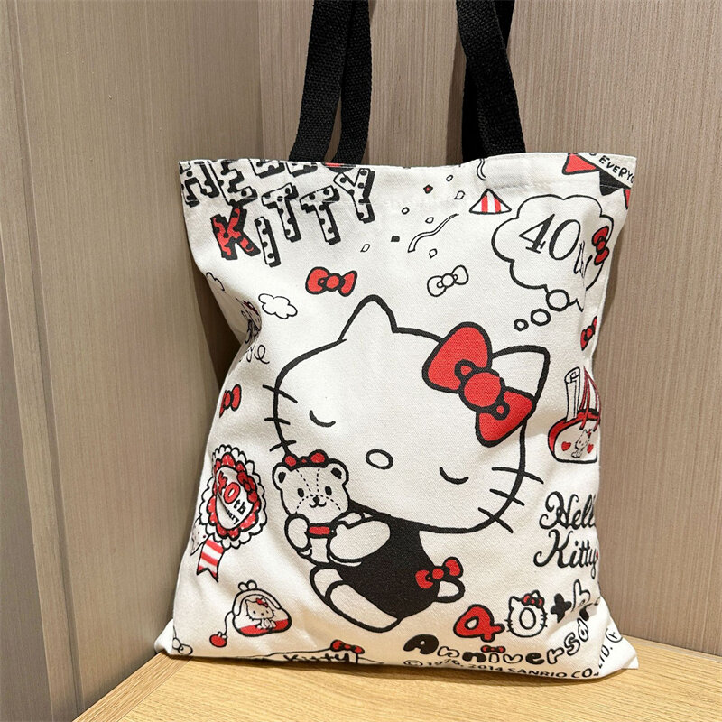 Hello Kitty Sanrio Canvas Bag Kawaii Anime Student Portable Large Capacity Makeup Wash Commuting Cartoon Storage Bags Girls Gift