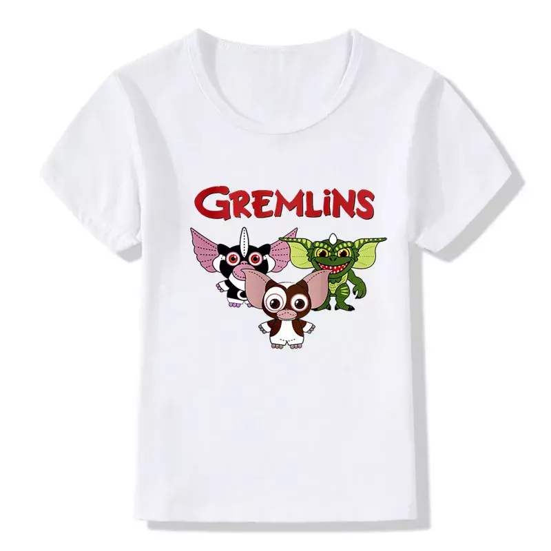 T-shirt dla dzieci Gremlins Gizmo nadruk kreskówkowy śmieszne chłopcy T Shirt śliczne dziewczynek ubrania letnie dzieci z krótkim rękawem topy, HKP5170