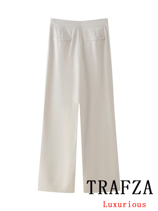 TRAFZA Vintage Casual Chic Women Pants Solid Asymmetrial Button Straight Loose Pants Fashion 2024 Spring Summer Holiday Trousers