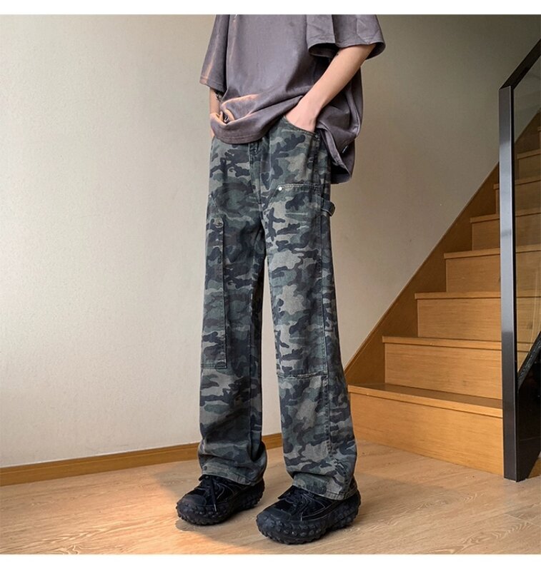 Calça de carga camuflada solta masculina, casual com perna reta, marca da moda americana de rua alta, nova, primavera e outono, meados XL, 2023