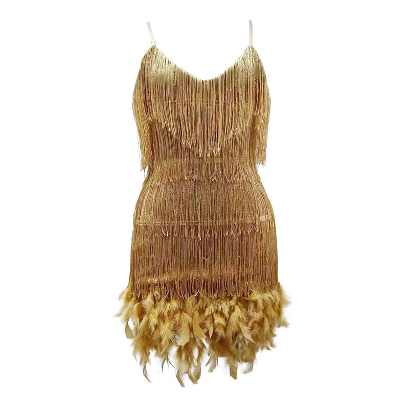 Новинка 2024, сексуальное мини-платье с бахромой и блестками и перьями, женские платья на бретелях-спагетти с прострочкой, женское элегантное вечернее платье