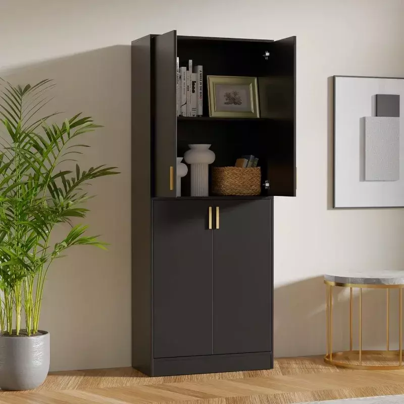 Armario de almacenamiento de despensa de cocina, alto, independiente, con puertas y estantes ajustables, negro/blanco, 71"
