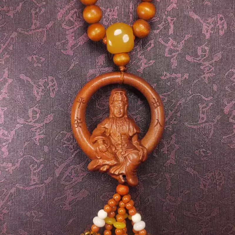 Peach Wood Pendant Car Guanyin Blessing safety Hanging Ornaments Cyber Celebrant Buddha Ornaments Wood Carving for Men and Women