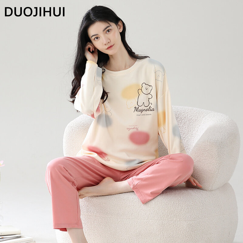 DUOJIHUI-Conjunto de pijama con bolsillo para mujer, ropa de dormir con estampado Simple, holgada, básica, suave, clásica, informal, para el hogar, otoño