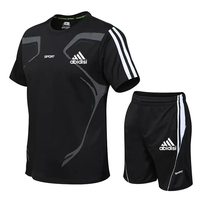 2024 new men's sportswear summer suit men's fitness suit sports suit short-sleeved T-shirt + shorts quick-drying 2-piece print