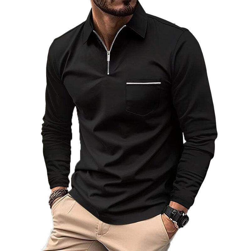 Camisa de manga longa poliéster confortável masculina, camiseta lapela, pulôver de bolso, cor sólida regular, moda primavera