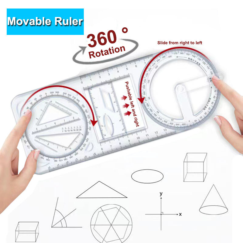 1PCS Multi functional 360 ° movable geometric drawing ruler for primary school mathematics students Portable transparent 3D flat