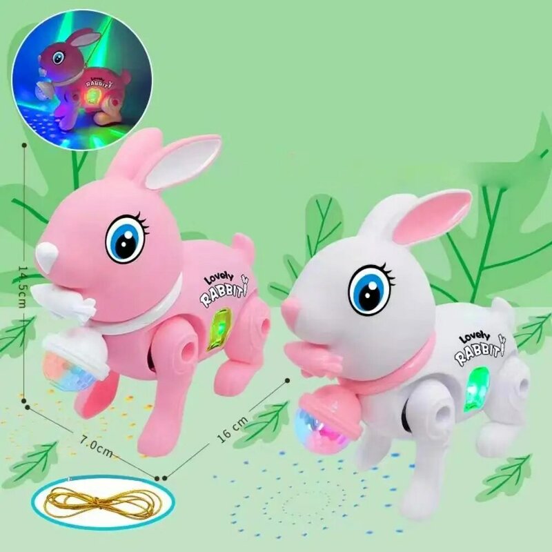 Mainan elektronik berjalan kelinci berpendar, indah dengan tali traksi warna mainan musik acak kartun kelinci mainan merangkak bayi