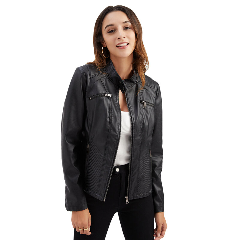 Cappotto da donna Fashion Trend semplice autunno inverno colletto analogico cerniera giacca da moto in pelle PU per donna