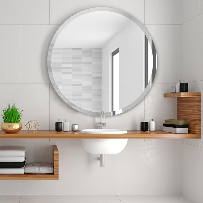 둥근 프레임리스 욕실 거울, 비스듬한 둥근 거울, 원형 화장대 거울, 1 인치 비스듬한 가장자리, 24 인치