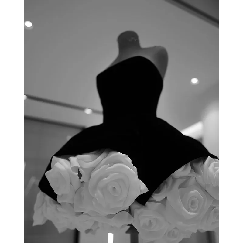 3D Camellia Women Dress Princess Black Velvet White Floral Ruffle Short Prom Party Gowns Girls Dresses Birthday Photography