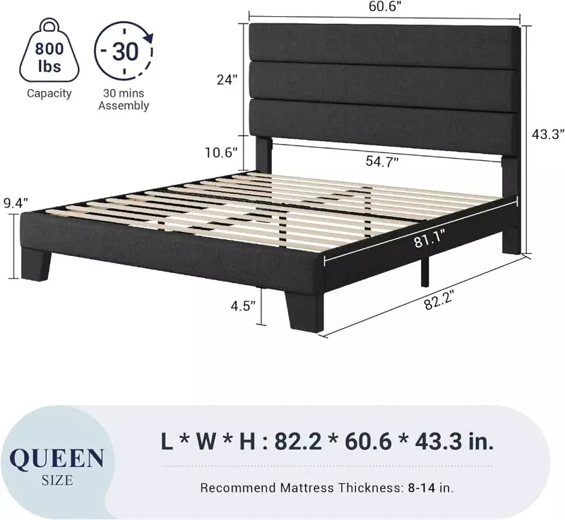 Marco de cama de plataforma tamaño Queen con cabecero tapizado de tela y soporte de listones de madera, colchón completamente tapizado