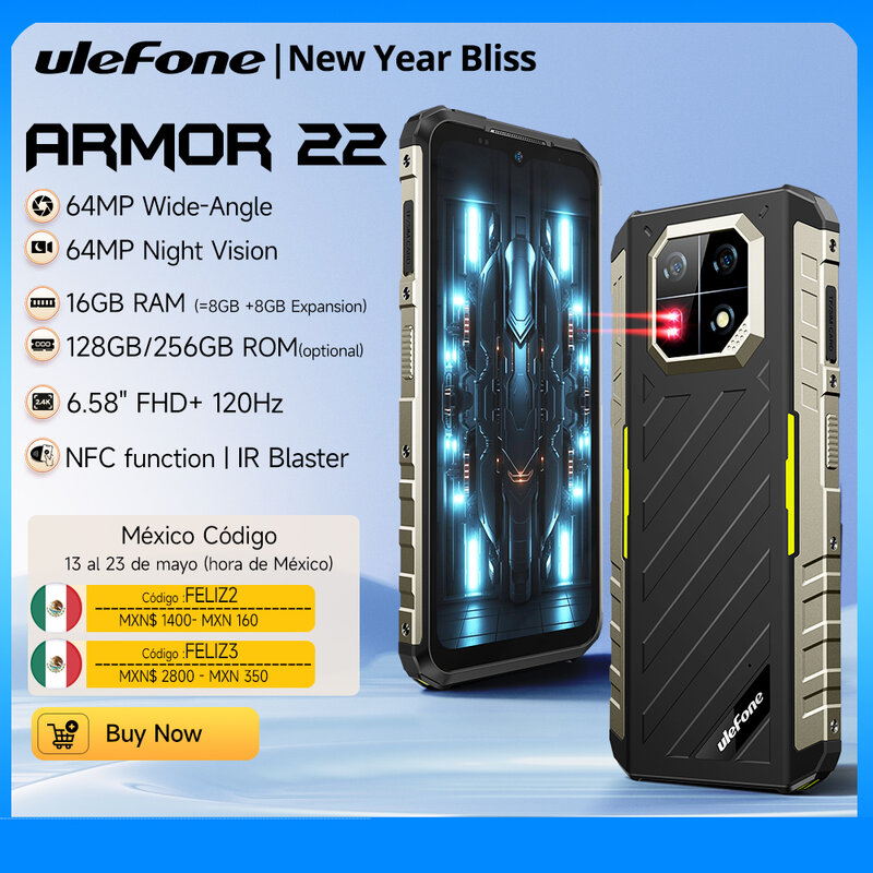 [Estreia mundial] Ulefone Armor 22 telefone robusto, 16 GB (8 GB + 8 GB) de RAM, 128 GB / 256 GB de ROM, smartphone Android 13, câmera de 6,58 ”6600mAh NFC 64MP, telefone móvel 4G, versão global