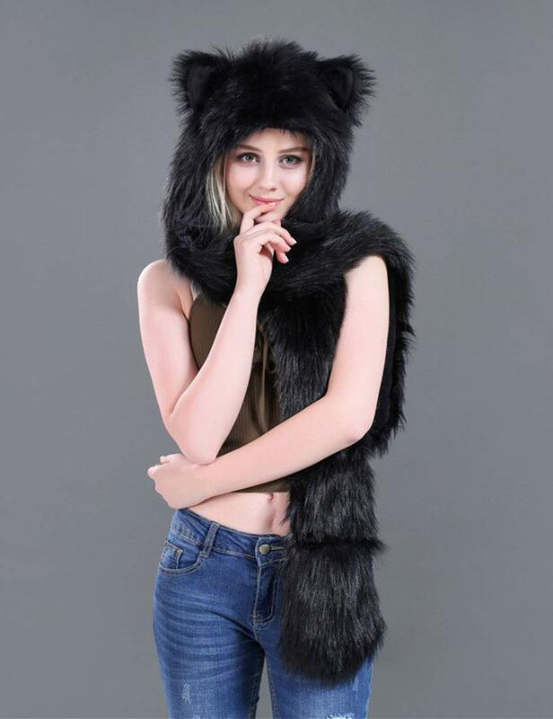Black Bear, Faux Fur Hood Animal Hat Ear Gloves 3 in1 Fleece Hooded Plush Warm Earmuff Animal Cap with Scarf Gloves