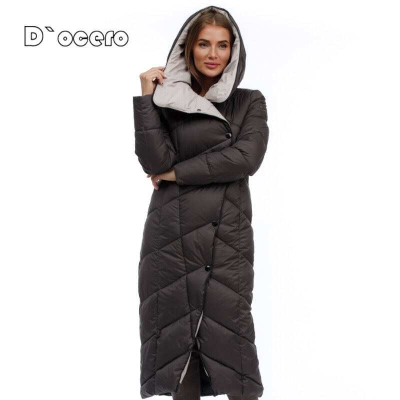 D`OCERO 2022 X-Long Winter Down Jacket Women Fashion Warm Female Padded Quilted Coat Thick Cotton Overcoat Quality Winter Parkas