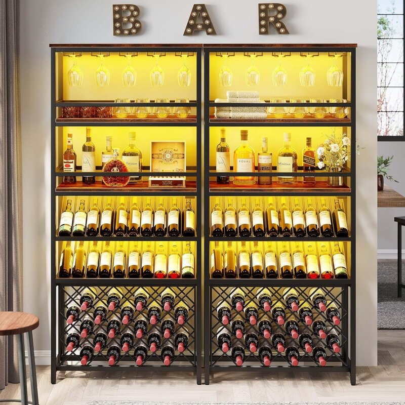 US DWVO 42 Bottles Tall Wine Bar Rack Cabinet Freestanding with RGB LED Lights and Storage Shelf,