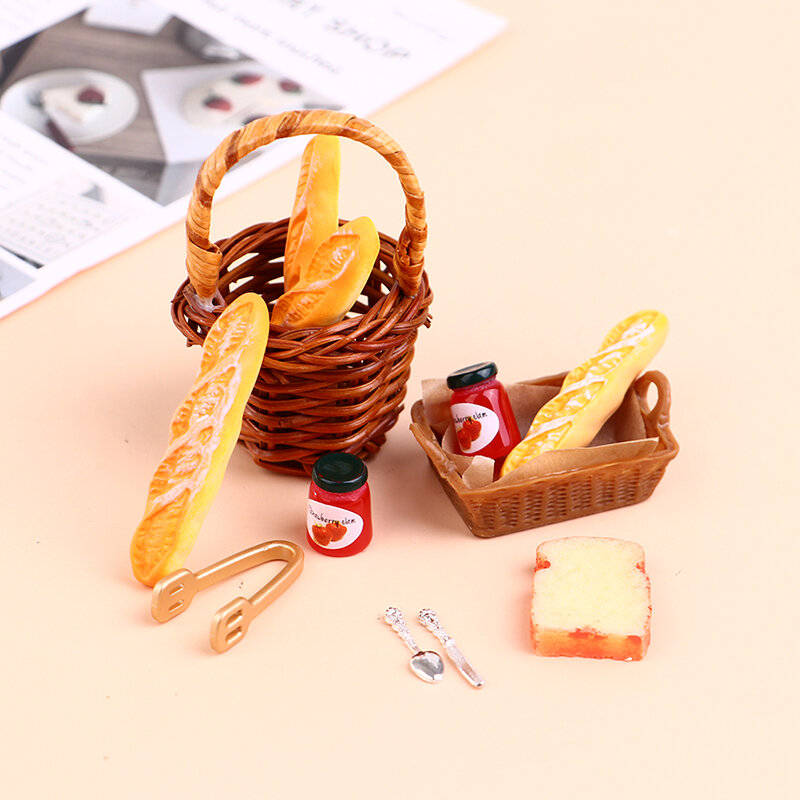 6/7Pcs 1:12 Dollhouse Miniature Food Mini Honey Bread Jam Basket Picnic Set Pretend Doll House Decor Accessories Kid Toys Gifts