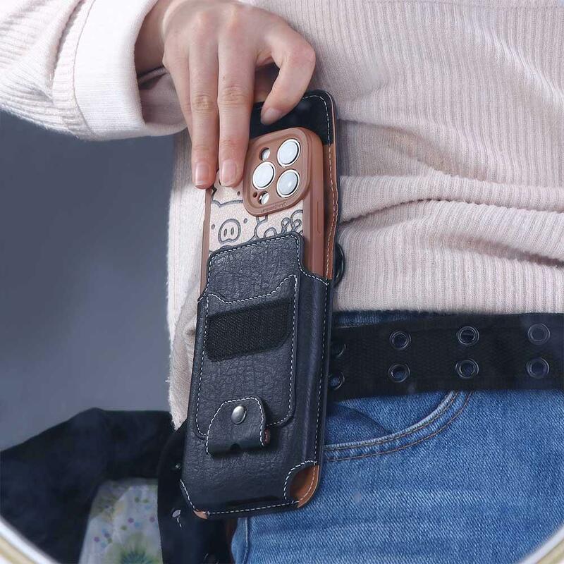 Étui à crochet pour téléphone portable, poches à rabat multifonctionnelles, portefeuille en poudre, clip de ceinture, sac banane en cuir