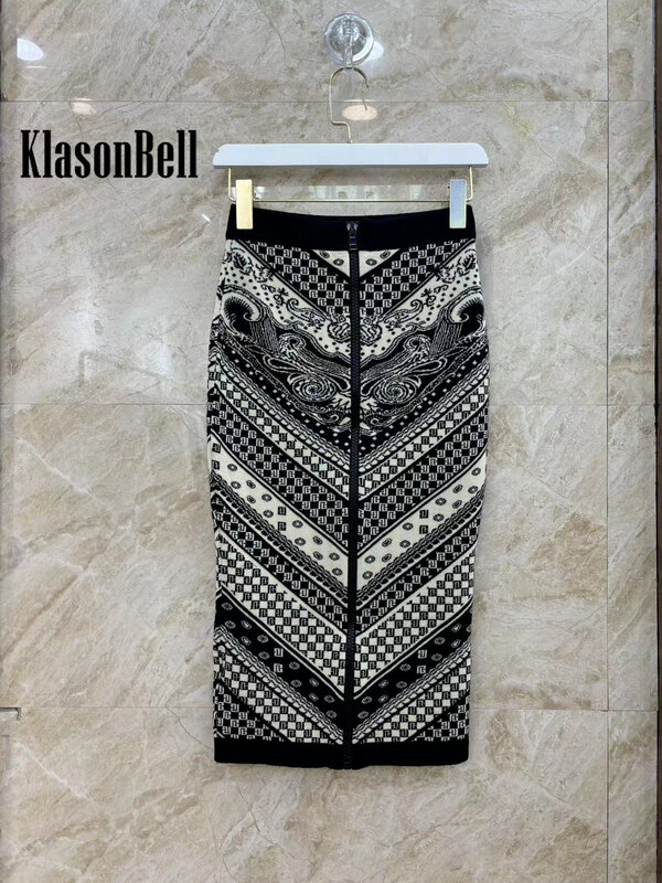 KlasonBell-Vintage Padrão Geométrico Jacquard Regata, O-pescoço Sexy Pacote de Malha Colheita, Voltar Zipper Skirt Set, 4.22