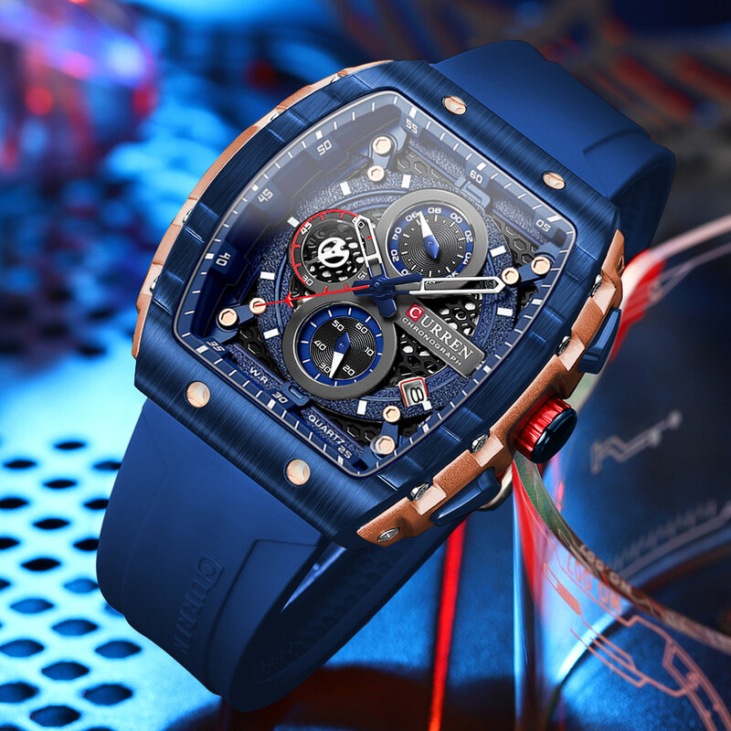 CURREN 스포츠 독특한 직사각형 시계, 대형 다이얼, 캐주얼 쿼츠 실리콘 밴드 손목시계, 자동 날짜