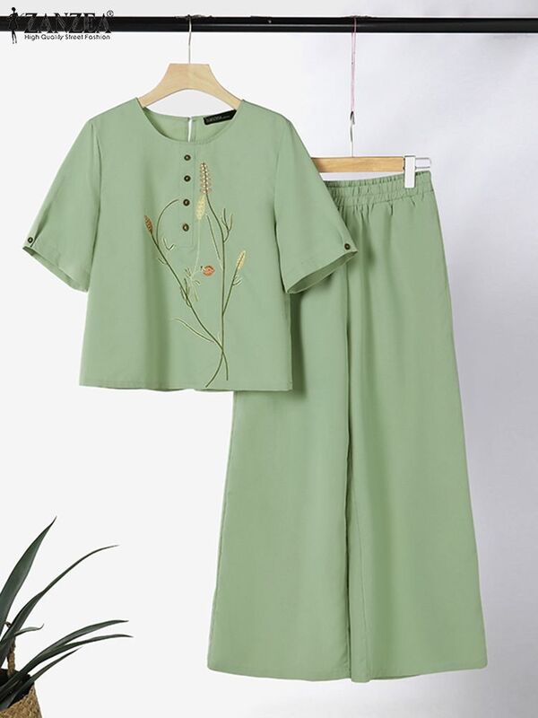 ZANZEA-Conjuntos de calças largas para mulheres, manga curta, blusa bordada, calças combinando, elegantes ternos de trabalho, moda verão, 2 peças