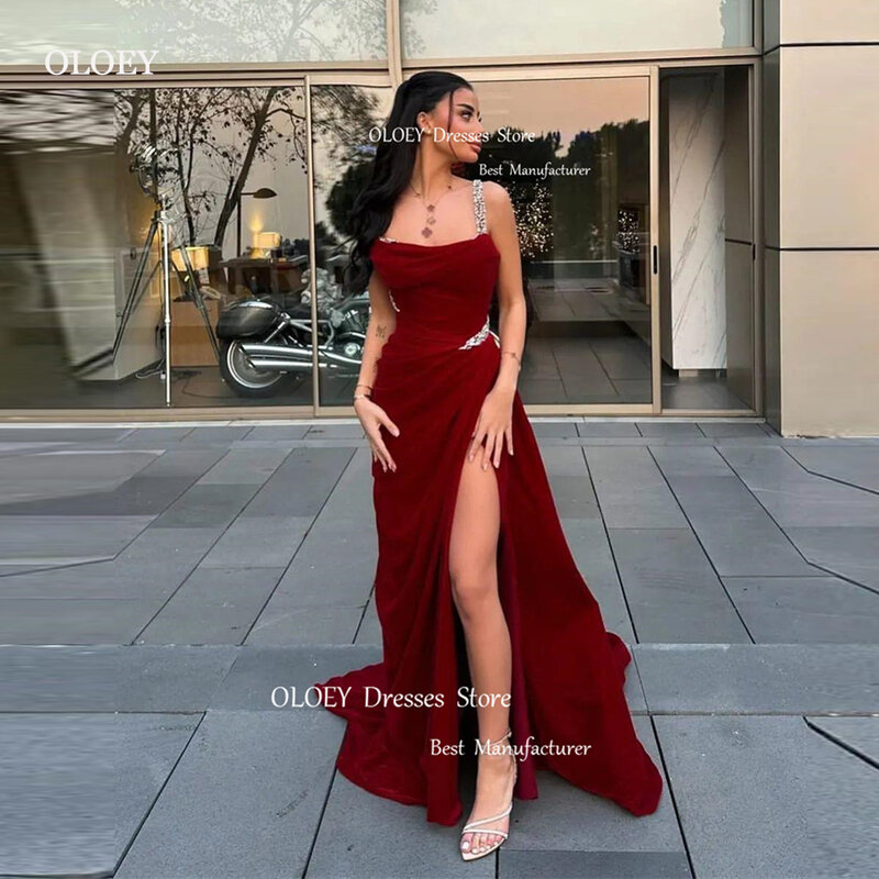 OLOEY-Vestido largo de noche para dama de honor, traje de fiesta Formal con cuentas de cristal, abertura lateral, color rojo oscuro