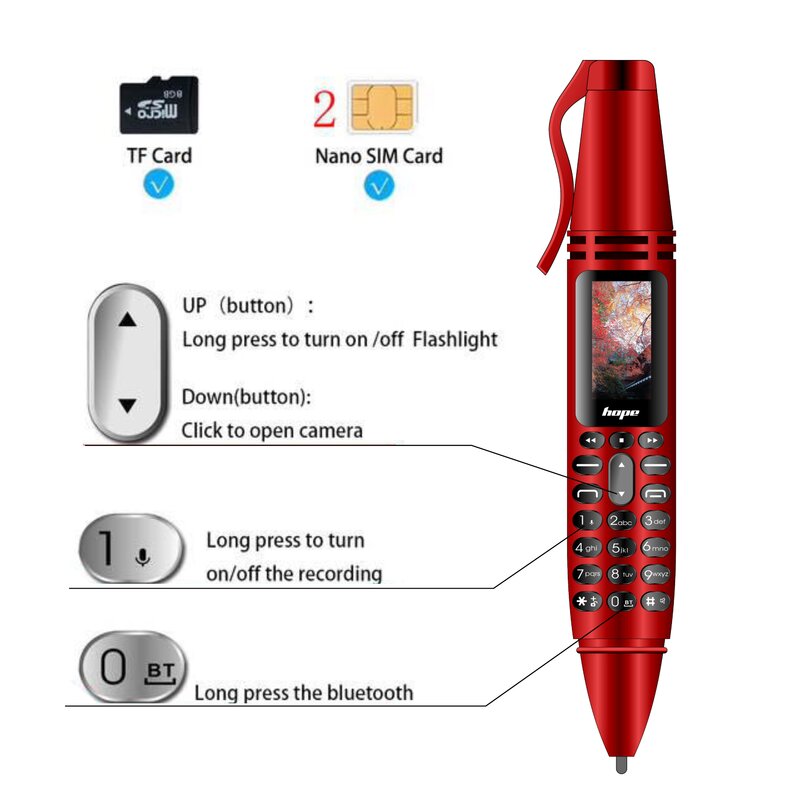 هاتف جوال UNIWA AK007 بشاشة 0.96 بوصة مع قلم مزدوج الشريحة على شكل 2G هاتف خلوي GSM هاتف محمول طالب صوت سحري MP3 FM مسجلات صوت