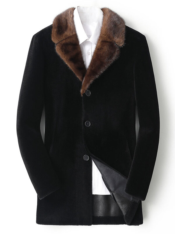 2022 Men Autumn Winter New Mink Fur Collar Jackets Male Middle Length Sheep Shearing Coats Men Real Wool Fur Overcoats G357