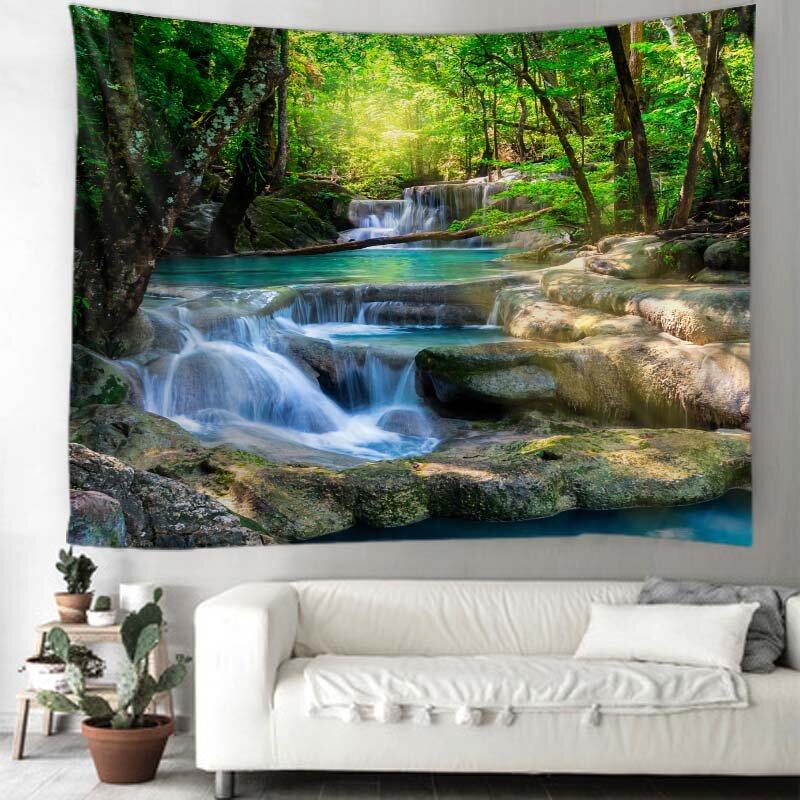 Tapiz de cascada de naturaleza hermosa, decoración de pared con estampado de bosque, paisaje marino hippie, colgante de pared bohemio, mandala