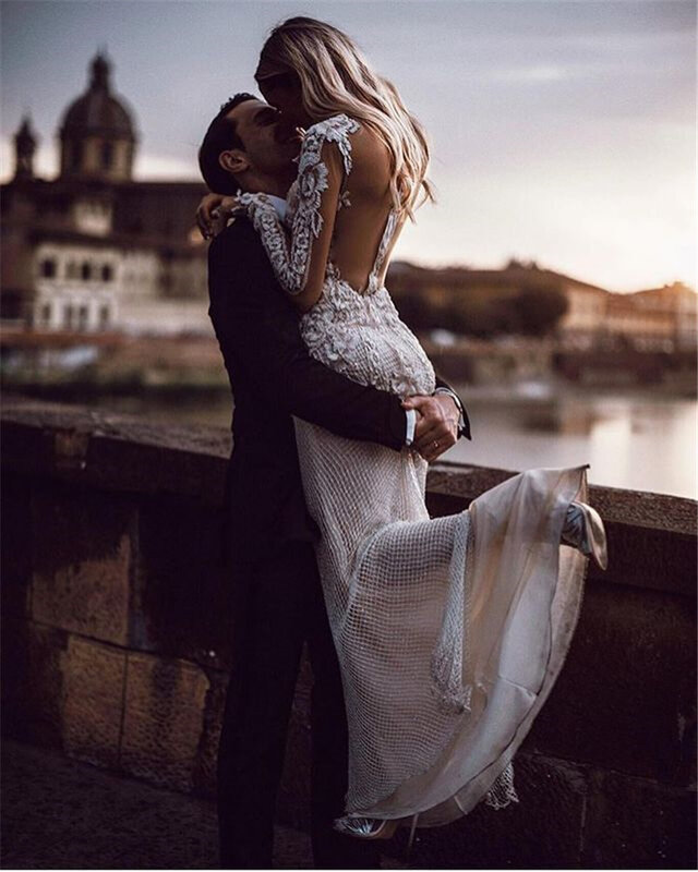 Luxo com decote em v apliques sereia vestidos de casamento elegante manga longa vestido de noiva sem costas robe de mariee