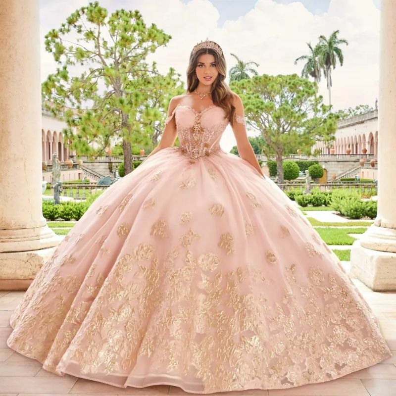 Lorencia Pink Sweetheart Quinceanera Dress Gold Floral Flowers Bead Princess Ball Gown Sweet 15 Party Vestidos De XV Anos YQD392