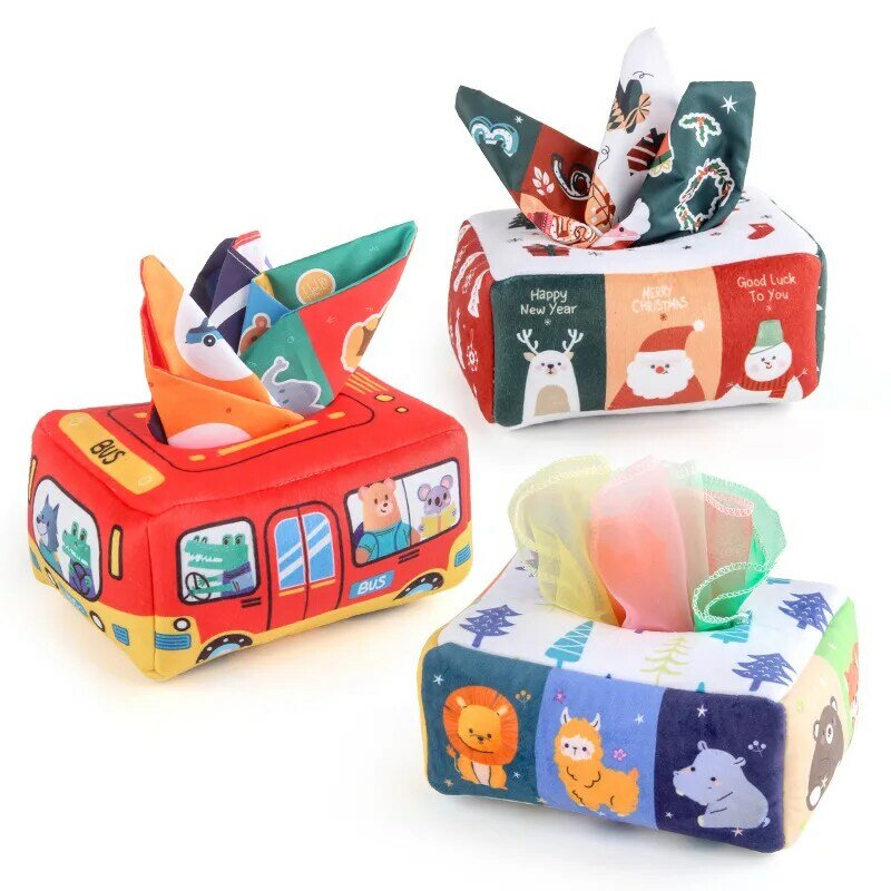 Montessori brinquedos infantis puxar ao longo da caixa de tecido mágico do bebê educação precoce som papel brinquedos sensoriais para a criança dedo exercício