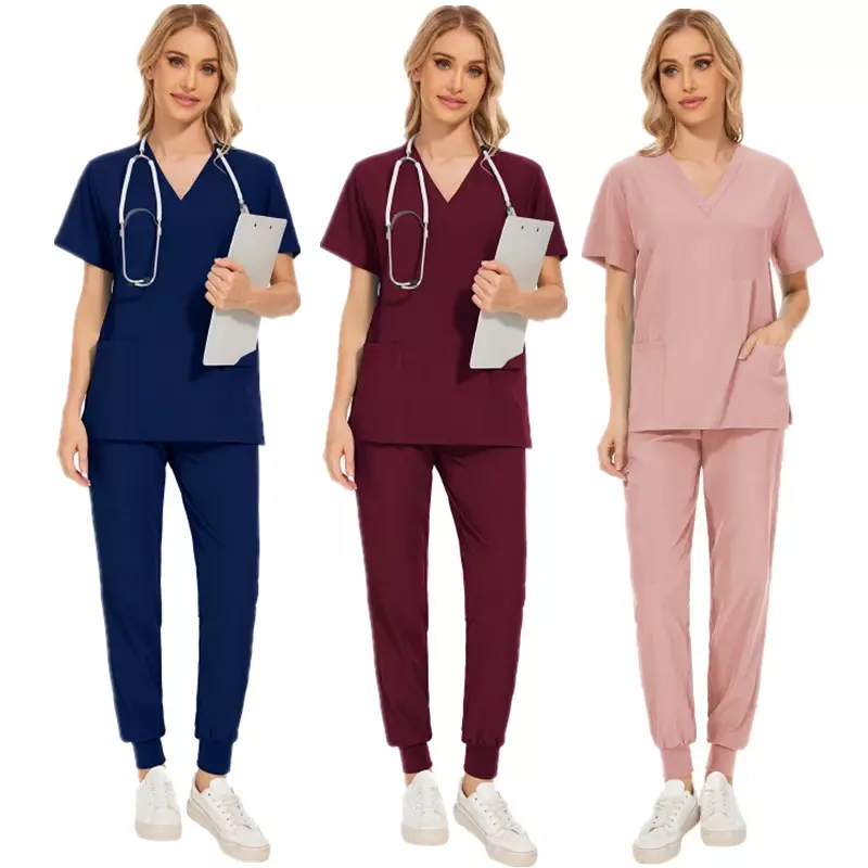 Donne scollo a v manica corta Scrub uniformi infermieristiche chirurgiche infermiera tasca abbigliamento da lavoro dentista uniformi mediche clinica Scrub Suit