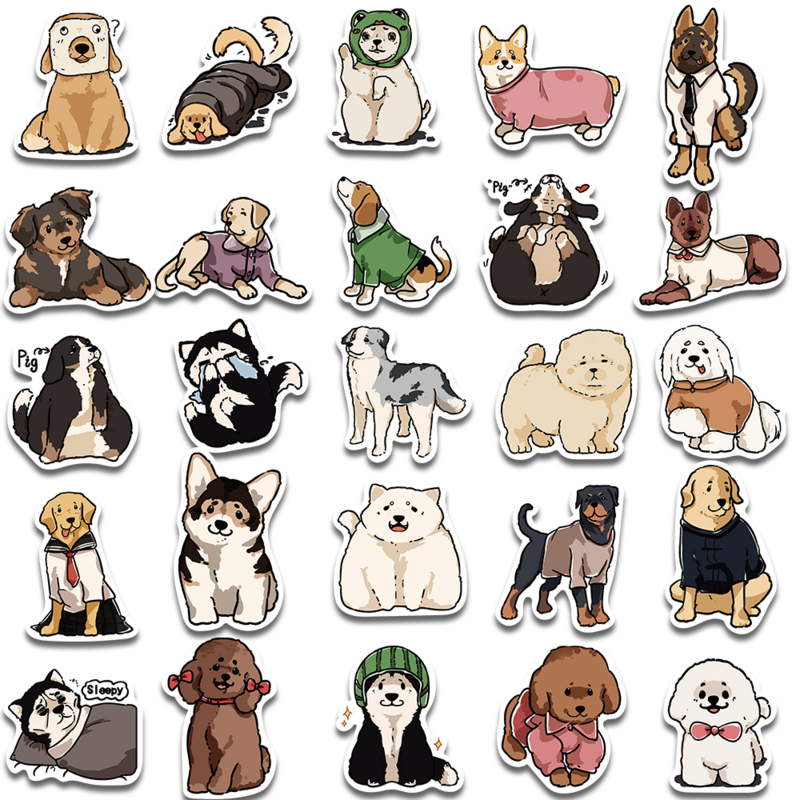 50 Stickers for Encountering Puppies, Cartoon Handdrawn Decorative Helmets, Skateboards, Computer Desktops, Guitar, PVC Waterpro