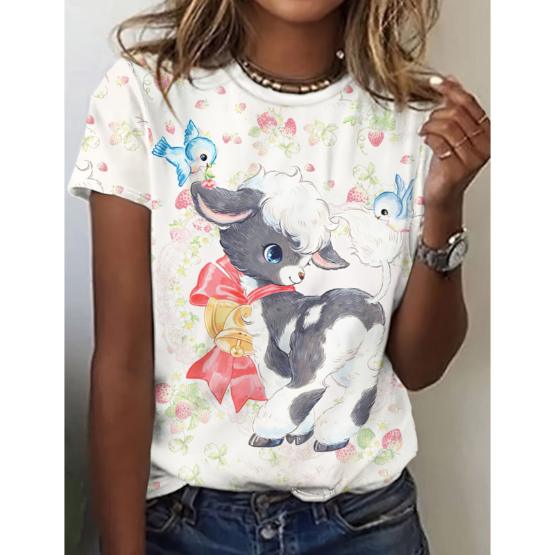 T-Shirt wanita Fawn binatang lucu 3d kaus cetak Harajuku Fawn kasual lengan pendek pakaian wanita ukuran besar lucu