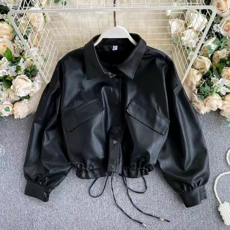 Vintage Bomber Jacket for Women Spring Autumn Faux Leather Jacket Korean Style Loose Pu Windbreaker Coat Motorcycle Outwear