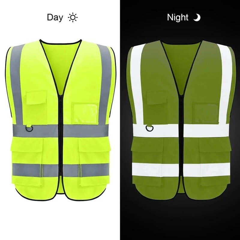 Chaleco de seguridad reflectante de alta visibilidad, ropa de trabajo de seguridad personalizada con múltiples bolsillos para trabajadores de la construcción y equitación nocturna