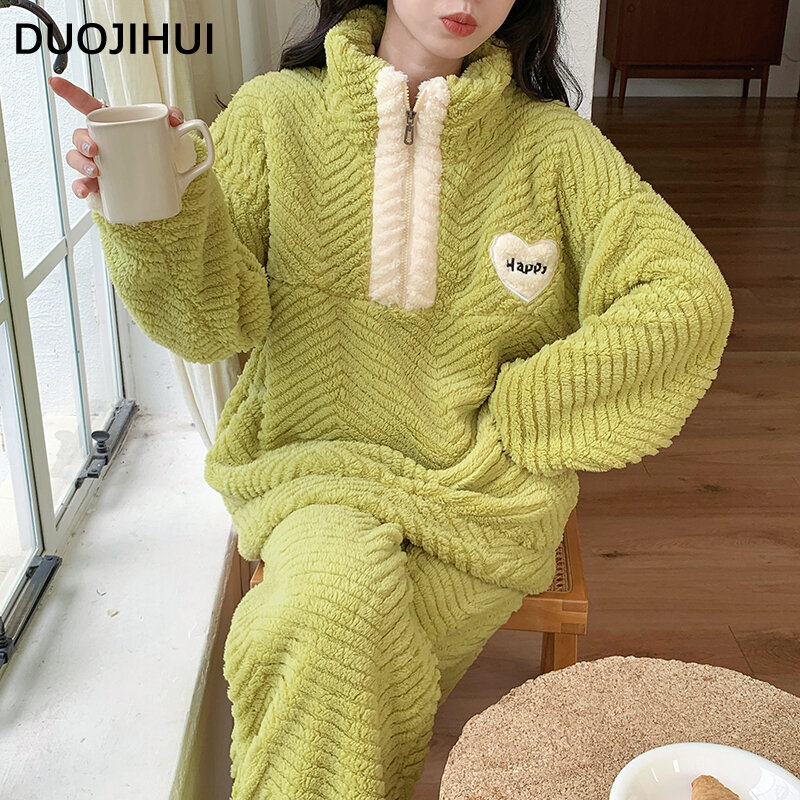 DUOJIHUI-Pijama de flanela estilo coreano para mulheres, pulôver de zíper chique, cor contrastante, moda feminina, quente grosso, inverno