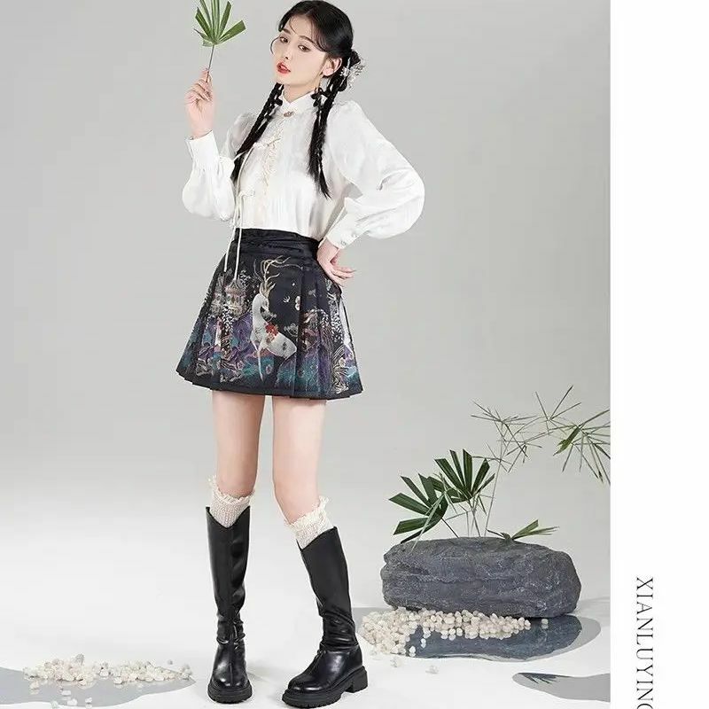 Minissaia feminina plissada estilo chinês, saia cara de cavalo, estampa requintada, cintura alta, combina com tudo, dinastia Ming melhorada