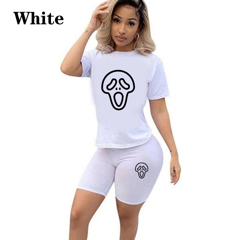 Women halloween Solid Sporting Casual Two Piece Set Short Sleeve Tee Top Biker Shorts Pants Suit Tracksuit Outfits