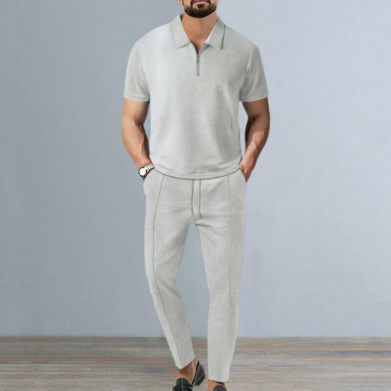 Conjunto de camisa y pantalones para hombre, traje de negocios elegante con escote de cremallera, pantalones de cintura elástica, informal