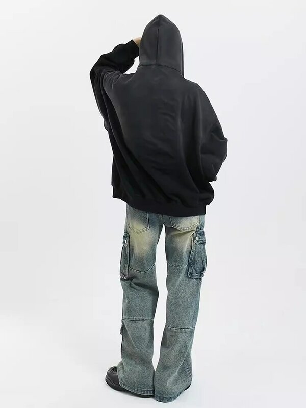 REDDACHIC z niską talią nieobszyte brzegi męska dżinsy Cargo workowate dżinsy z dużymi kieszeniami luźne spodnie z szerokimi nogawkami koreańskie Y2k Streetwear