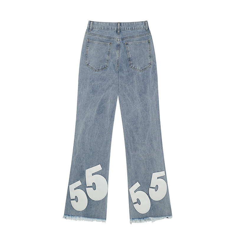 2024 American high street trousers and jeans trendy letter print hip hop INs couple micro-flare denim trousers for street wear