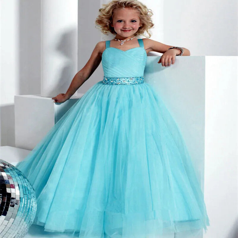 Tulle Sleeveless Puffy Simple Flower Girl Dress Sequins For Wedding Floor Length Kids Birthday Party First Communion Ball Gowns