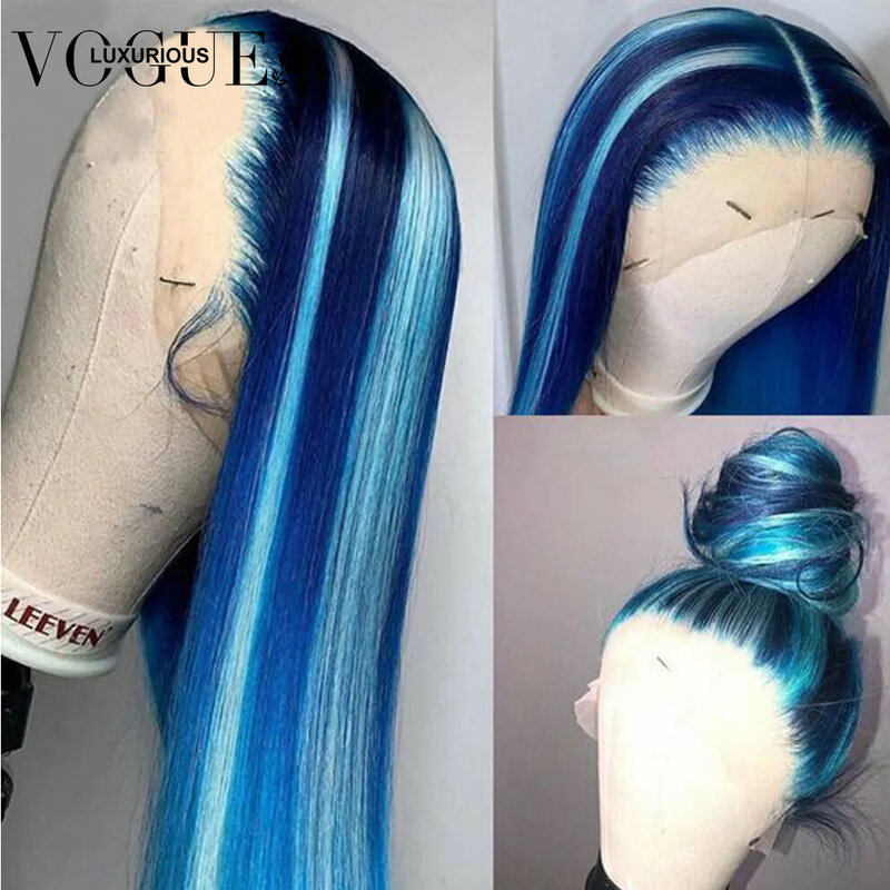 Peluca de cabello humano ondulado, pelo liso con encaje transsparente 13x4, brasileño, Remy, color azul Lago, sin pegamento, a la venta