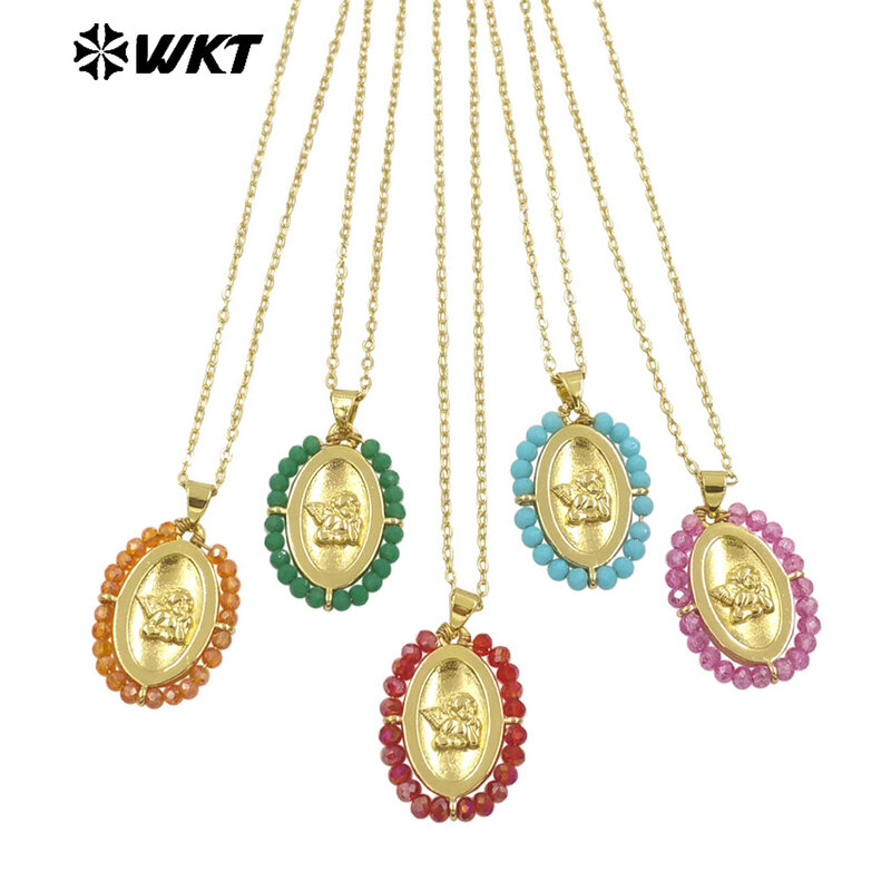 WT-MN994 Lovely Special Angle Baby Design With Colored Crystal Beads Yellow Brass Pendant For Women Necklace Jewelry