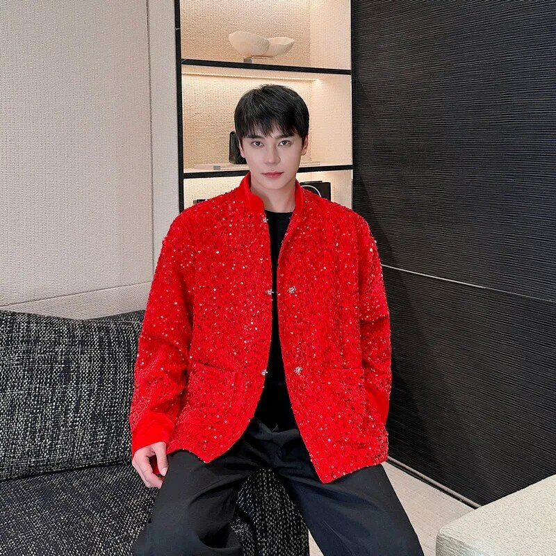 Jaqueta com gola de lantejoulas masculina, casacos de manga longa, fivela de metal da moda, roupa decorativa, combina tudo, elegante, nova
