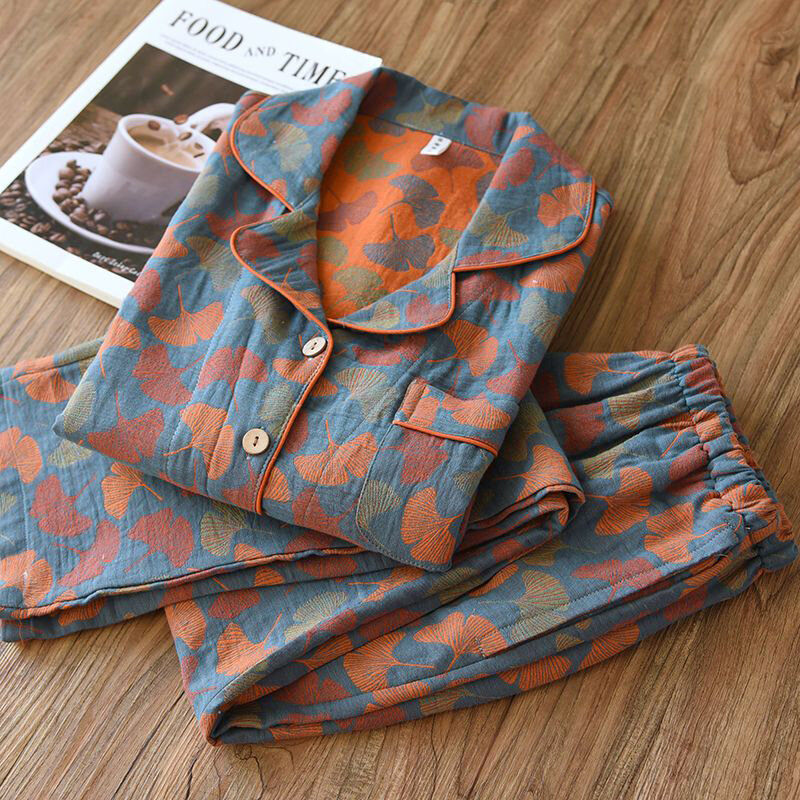 Barwiona przędzą bawełnianą piżama retro krepa damska podwójna bawełniana gaza odzież codzienna nowa wiosna jesień damski top spodnie zestawy dwuczęściowe