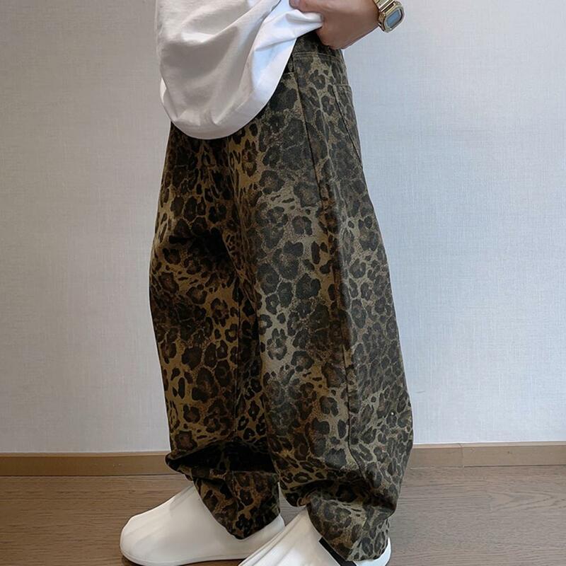 Calça estilo hip-hop masculina, estampa de leopardo, crotch, bolsos respiráveis, estilo retro, streetwear de comprimento total